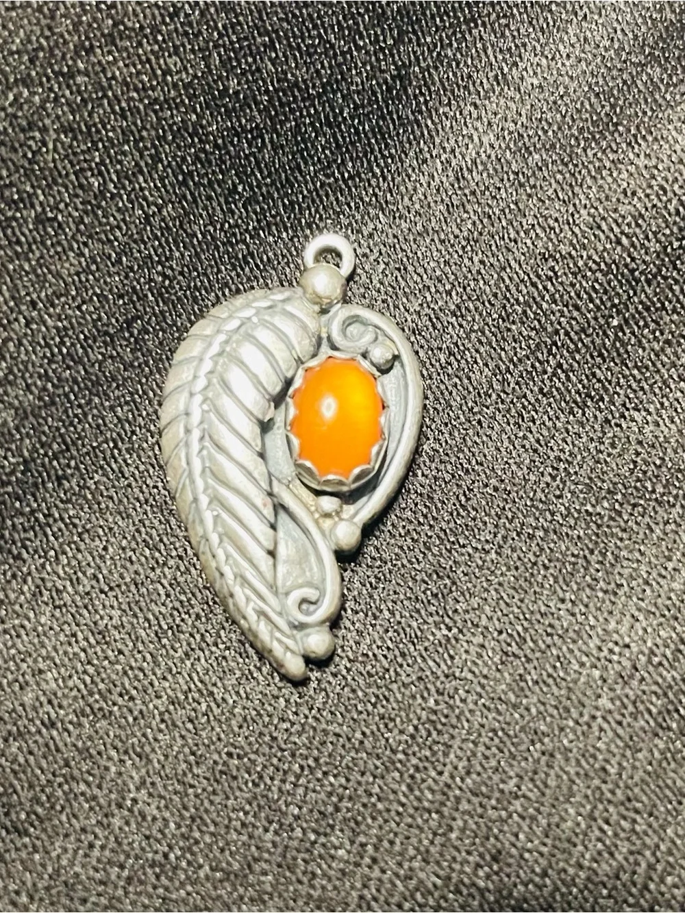 Sterling Silver Feather  Charm with Orange Stone